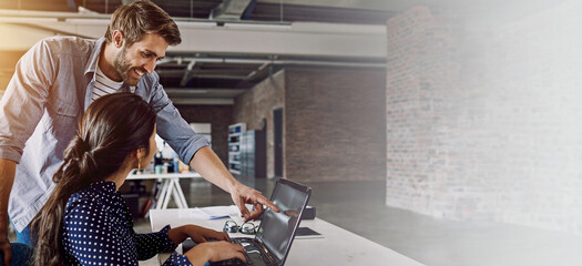 Aufkleber - Design, laptop or pointing and employee with mentor in office for web development training. Banner, creative or intro to application with business man and woman in workplace for system integration