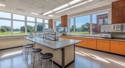 Aufkleber - Modern science lab with large windows, bright lighting, lab equipment, and orange cabinets.