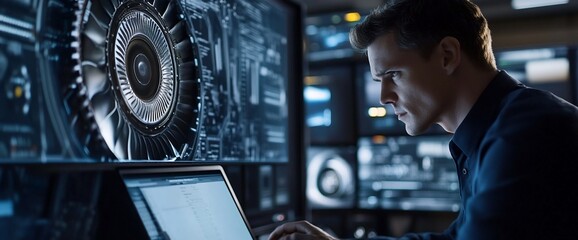 Poster - A focused individual analyzing data on a laptop in a high-tech environment.