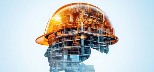 Poster - A double exposure of a construction helmet and industrial scene.