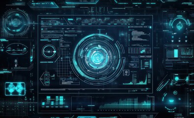Poster - Futuristic digital interface with glowing blue HUD elements and data graphs.