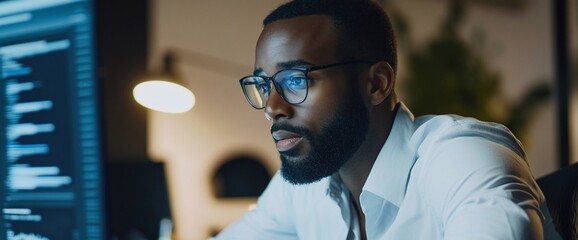 Poster - A focused individual working on a computer in a dimly lit environment.