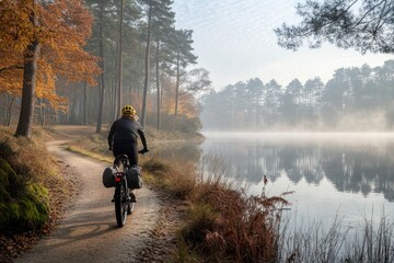 Aufkleber - Cyclist on scenic autumn trail beside misty lake.