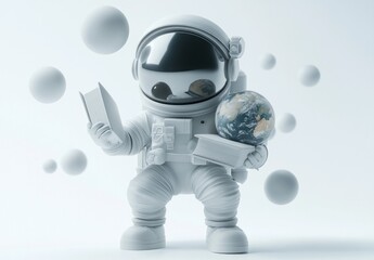 Aufkleber - Cute astronaut reading a book while holding Earth.
