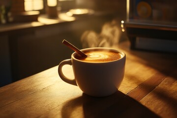 Poster - Steaming latte art coffee in a white mug on a wooden table, warm light.