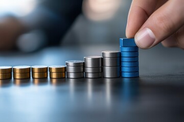 Poster - Hand placing blue cylinder on growing stack of metallic cylinders representing growth and progress.