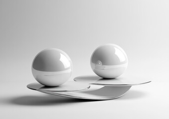Leinwandbilder - Two glossy white spheres rest on a curved white platform against a white background.