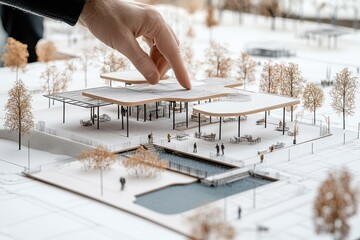 Poster - Hand pointing at architectural model of park with pavilion and canal.