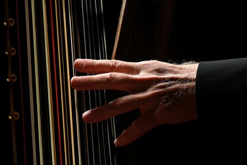 Poster - Close-up of a hand playing a harp, strings visible.
