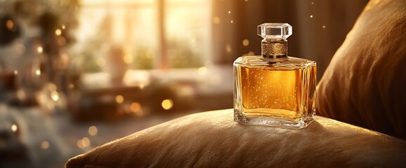 Poster - A glass perfume bottle sits elegantly on a soft pillow, illuminated by sunlight.