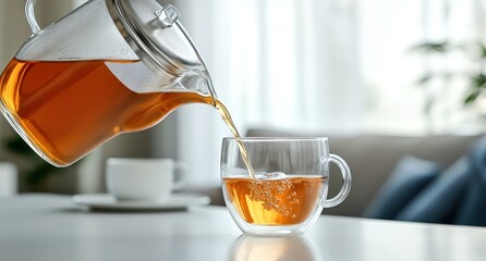 Poster - Pouring hot tea from glass teapot into cup on table.