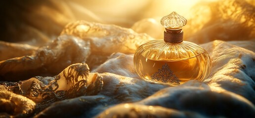 Poster - A golden perfume bottle resting on textured fabric, illuminated by warm light.