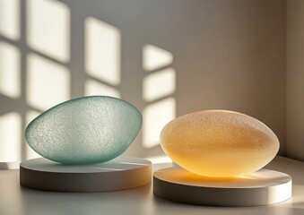 Poster - Two abstract glass sculptures on stands, illuminated by sunlight.