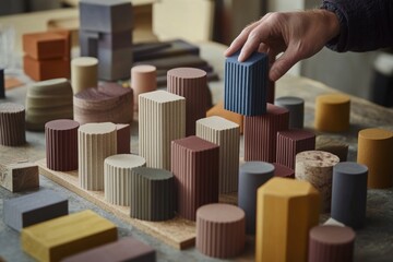 Aufkleber - Hand arranging colorful geometric shapes on wooden surface.