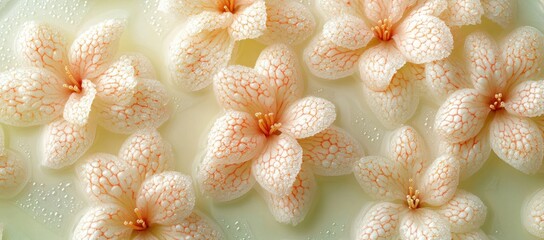 Poster - Close-up of delicate, creamy white flowers floating on a milky surface, showcasing intricate details of petals and textures.