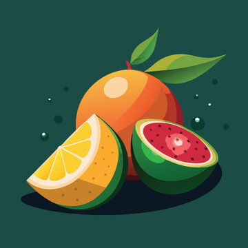 an illustration of two slices of mango and a lichi