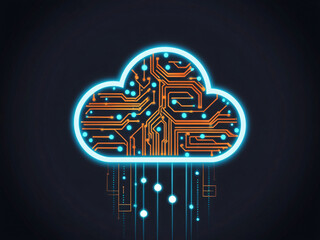 Poster - Abstract Illustration of a Digital Cloud With Circuitry Design in Blue and Orange Colors Representing Technology and Data Storage