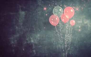 Fototapete - Pink and teal balloons against a dark textured background with sparkling lights.