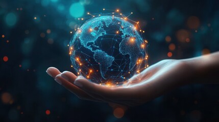 Metaverse Technology concepts. Woman hand holding global network connection. Internet communication, Wireless connection technology. Futuristic technology with polygonal shapes.