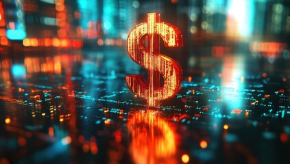 Poster - Futuristic Digital Dollar Symbol Glowing in a High-Tech Cityscape with Neon Lights and Reflections, Representing Cryptocurrency and Financial Technology