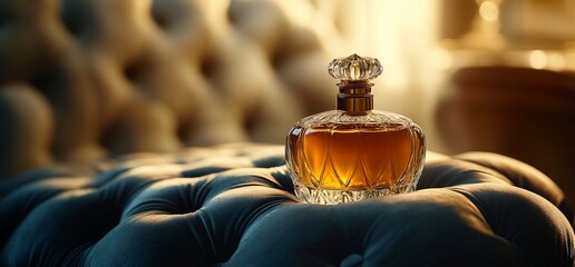 Poster - A luxurious perfume bottle resting on a tufted surface, exuding elegance.