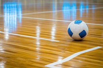 Aufkleber - Soccer ball on indoor court floor.