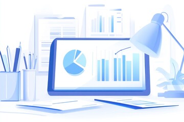 Aufkleber - Desk with tablet displaying charts, graphs, documents, stationery, and lamp.
