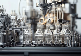 Poster - Industrial automated process of liquid filling in glass bottles within a modern production facility showcasing advanced technology and machinery