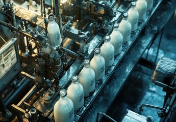 Poster - Industrial Bottling Process: High-Quality Milk Being Processed in a Modern Dairy Factory with Advanced Machinery and Bottling Equipment in Action