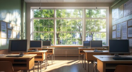 Leinwandbilder - Sunlit classroom with computers and large window showing green trees.