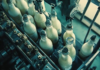 Poster - Industrial Dairy Production Line Capturing Bottling Process Inside a Factory with Vintage Atmospheric Lighting and Machinery Details