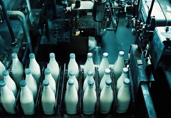 Poster - Industrial Production Line for Dairy Processing Featuring Milk Bottles on Conveyors Under a Blue-Hued Lighting Environment in a Manufacturing Facility