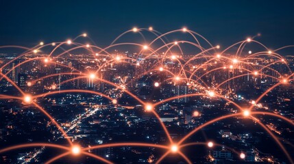 Poster - A network visualization over a cityscape at night, symbolizing connectivity.