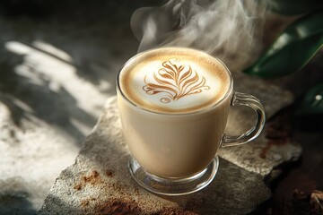 Poster - Steaming latte art in a glass cup on a stone.
