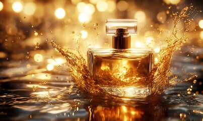 Poster - A perfume bottle splashes in water, creating a golden, shimmering effect.