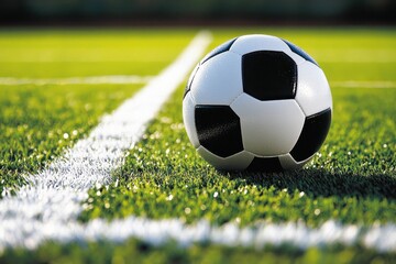 Poster - Soccer ball on green field near corner line.