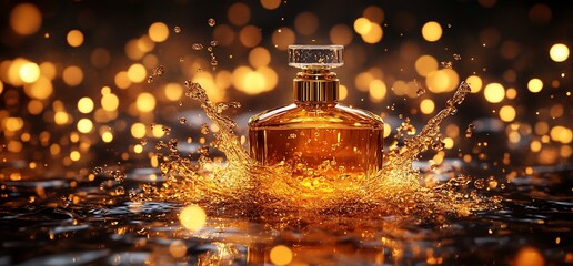 Poster - A perfume bottle splashes in water, surrounded by glowing bokeh lights.
