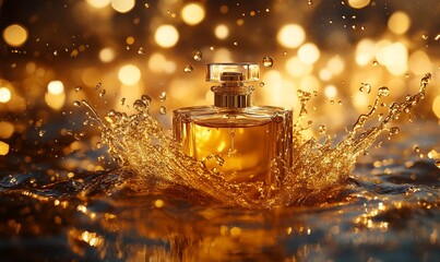 Poster - A perfume bottle splashes in water, surrounded by shimmering golden lights.