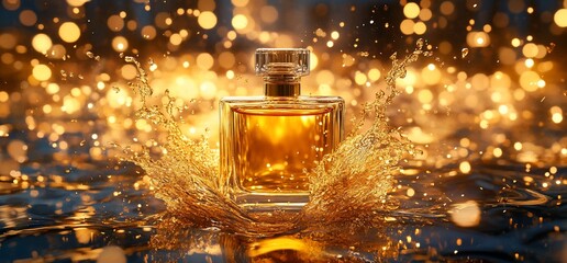 Poster - A perfume bottle splashes in water, surrounded by shimmering bokeh lights.