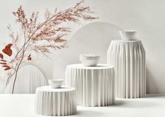 Poster - Minimalist scene with white pleated pedestals, bowls, and dried branches.