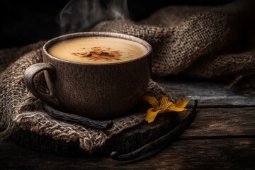 Poster - Steaming cup of coffee with vanilla beans and flower on rustic wooden table.