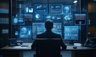 Poster - A professional analyzing data on multiple screens in a modern office.
