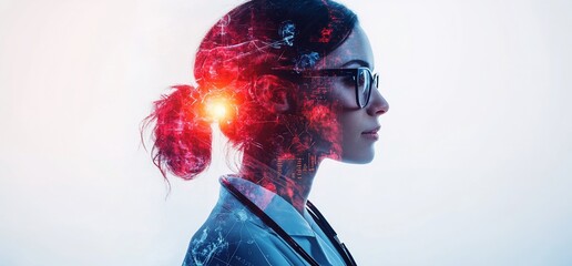 Poster - A profile of a woman with a digital overlay representing scientific concepts.