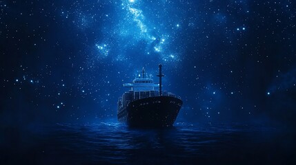 Poster - A ship navigates through a starry ocean under a cosmic sky.