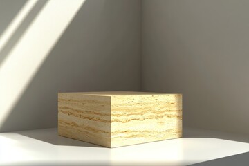 Poster - Light wooden cube on white surface, sunlit corner.