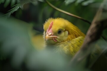Poster - A yellow chick peeking from behind green leaves.