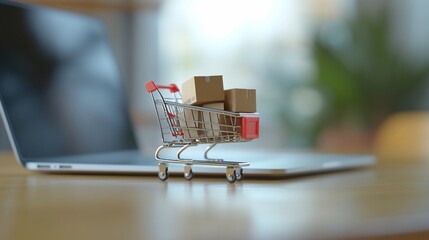 Poster - A shopping cart with boxes on a laptop, symbolizing online shopping.