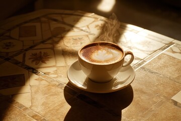 Poster - Steaming latte art in a white cup on a sunlit table.