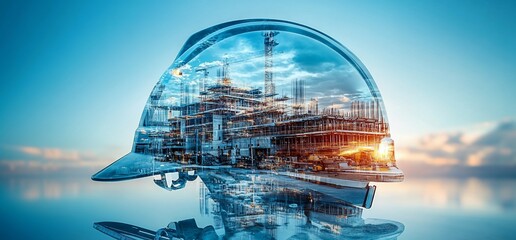Poster - A reflective construction helmet showcasing an industrial landscape within.