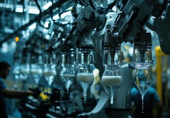 Poster - Robotic Arms in a Milk Production Facility Showcasing Advanced Automation and Efficiency in Dairy Processing with Clean and Modern Technology